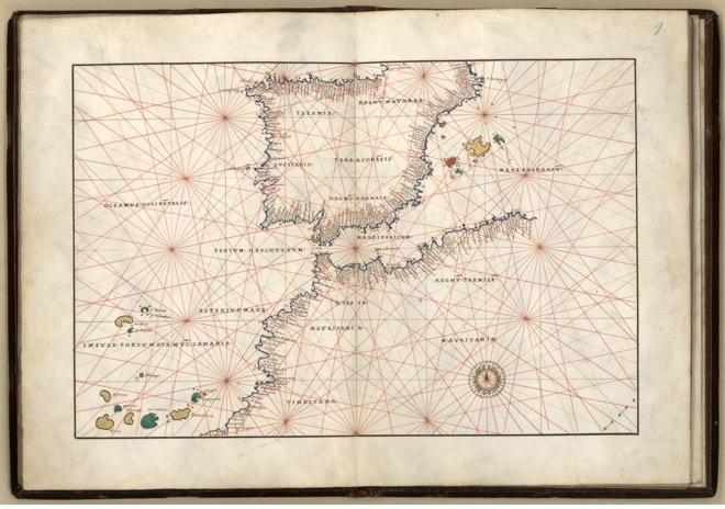 Map of Straits of Gibraltar in 1544 shows European world view before landing on the previously unknown continent of the Americas.