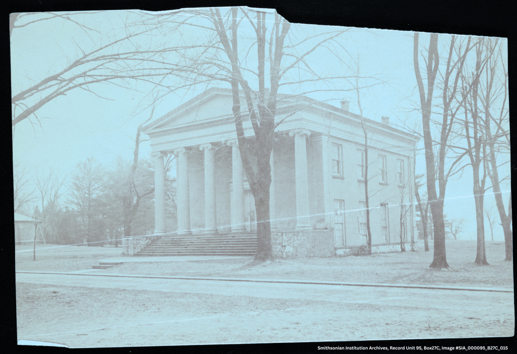 Early photo shows Whig Hall, one of the first buildings of Princeton University, called a the time College of New Jersey, where Woodrow Wilson attended.